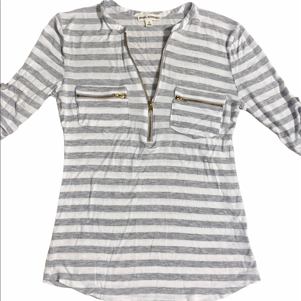 Grey and white striped gold zipper Accents top